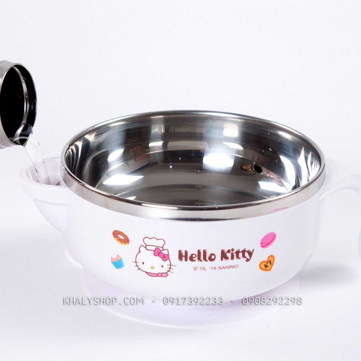 Tô ,chén giữ nhiệt inox có quai cầm tay hình mèo Hello Kitty màu trắng cho bé gái (17cm x 8cm) - CMKT002