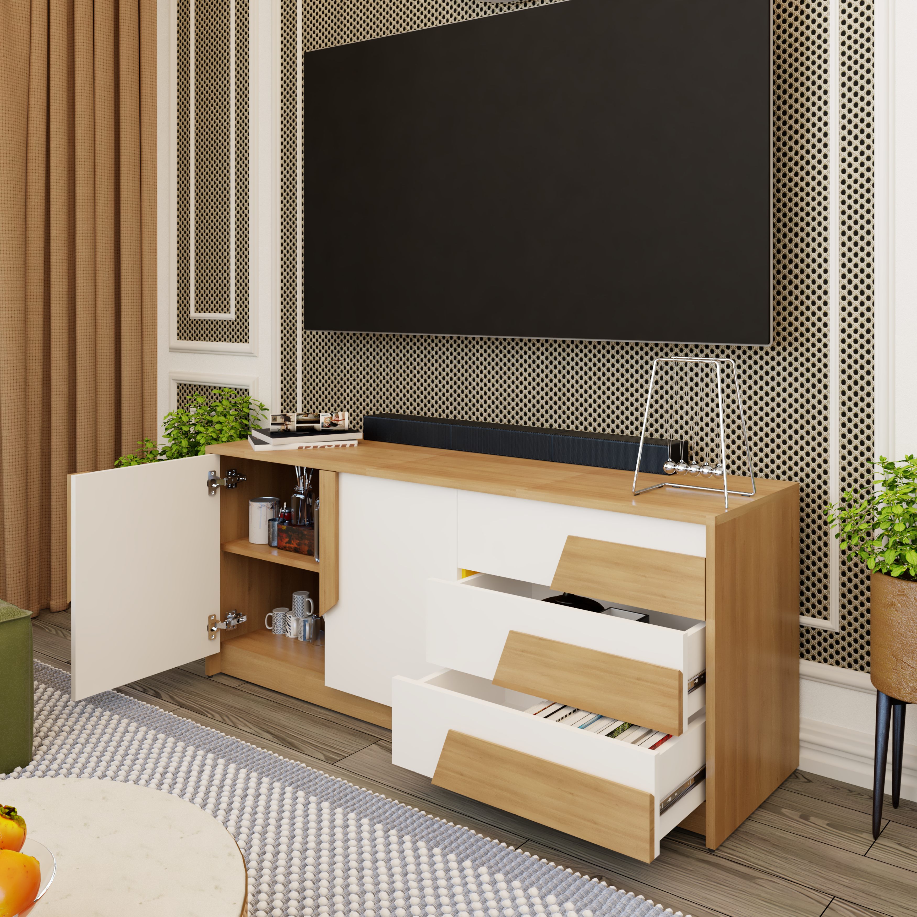 [Happy Home Furniture] PONIX, Kệ TV 3 ngăn kéo, 140cm x 40cm x 58cm ( DxRxC), KTV_027