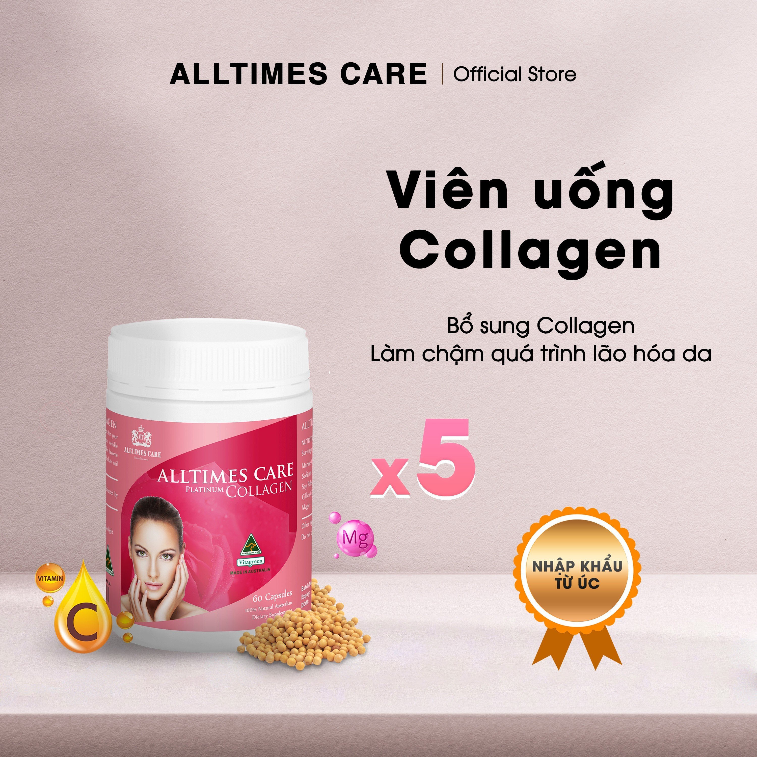 [COMBO 5 HỘP] Thực phẩm bảo vệ sức khỏe hỗ trợ làm chậm quá trình lão hóa da ALLTIMES CARE PLATINUM COLLAGEN - Hộp 60 viên