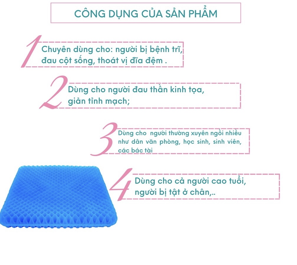 Đệm Ngồi Bệt Silicon 2 lớp Thế Hệ Mới Dạng Gel 3D Tổ Ong Nệm Lót Ghế Thoáng Khí Tuần Hoàn Ngồi Lâu Không Mỏi