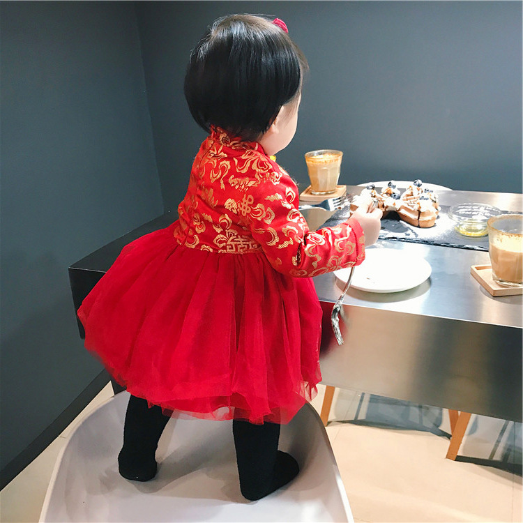 Váy Tết chất nhung đỏ lót lông cho bé gái, dáng bồng công chúa, thêu nổi | MV04