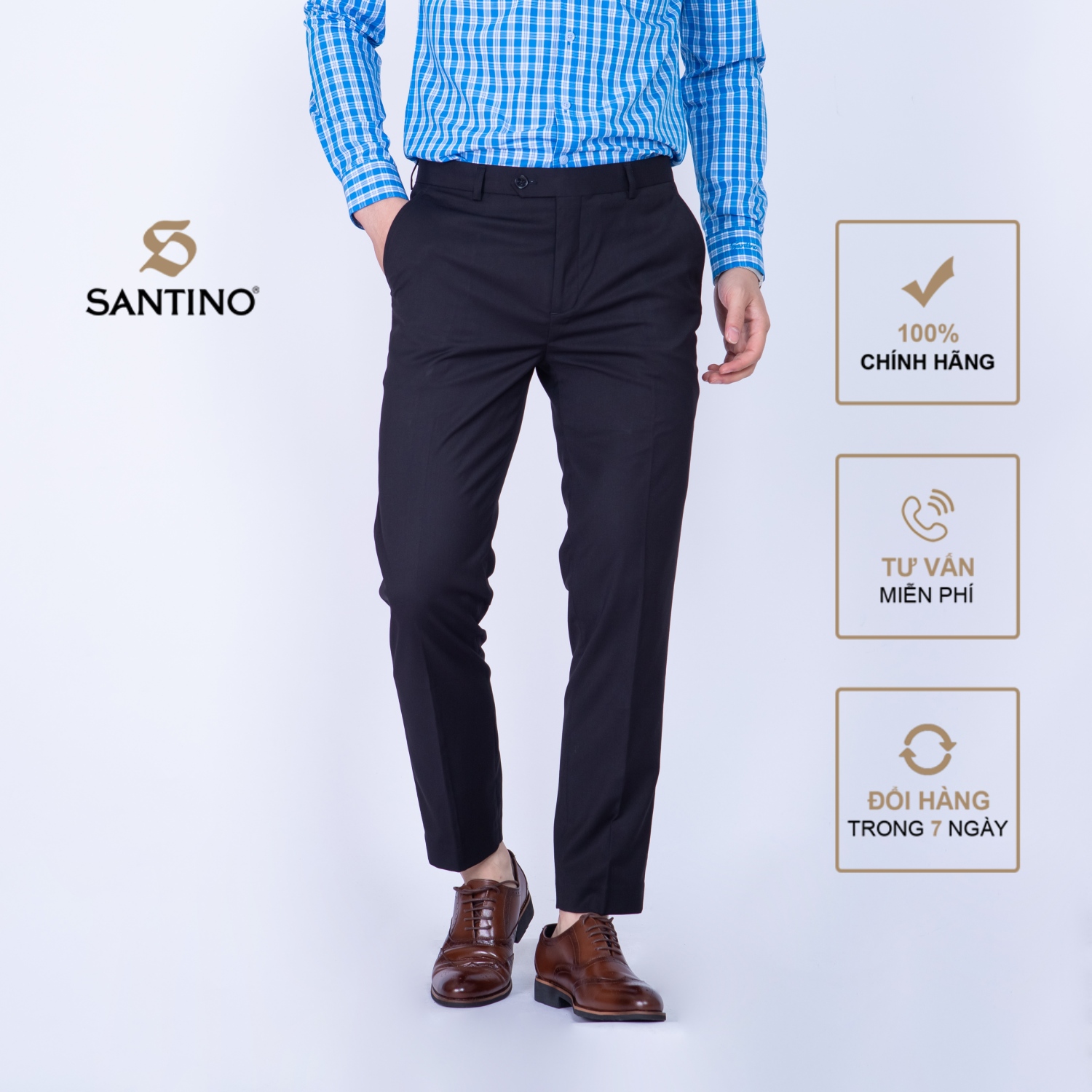 Quần âu nam dài trơn SANTINO, chất liệu Sợi tre dáng ôm slim fit công sở lịch lãm màu đen Q070