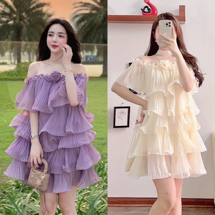 ĐẦM DÂY YẾM TRỄ VAI NGẮN RỘNG SUÔNG TRƠN XẾP LY BÈO TẦNG MÀU PASTEL ĐI BIỂN DỰ TIỆC DẠO PHỐ