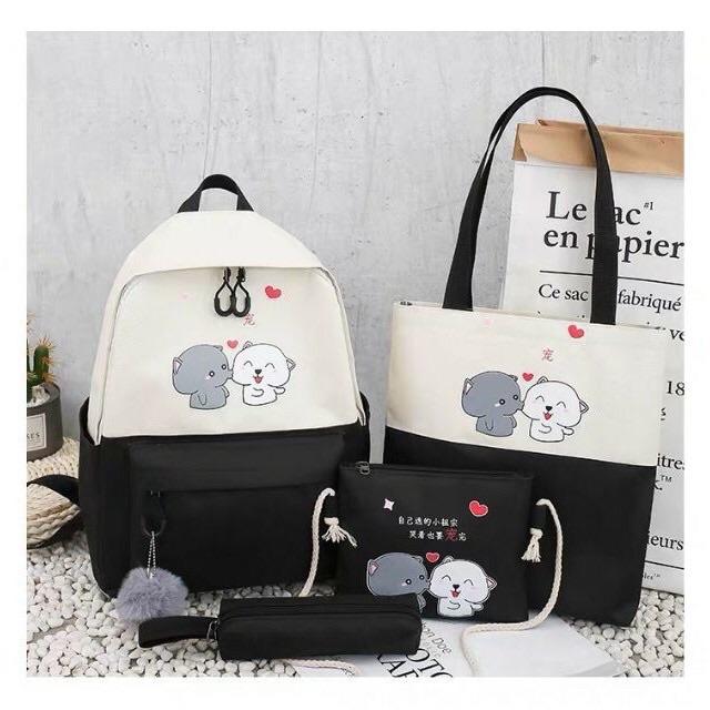 Balo thời trang, balo đi học, đựng laptop Balo Set 4 Món 2 Chú Cún Cute balo nữ vải