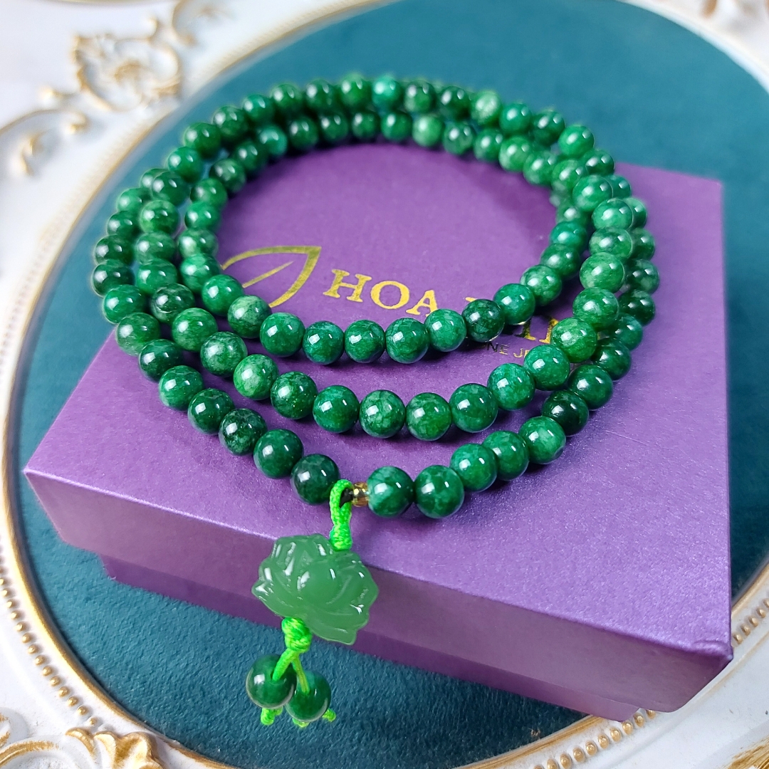 Vòng tay chuỗi 108 hạt Cẩm Thạch Sơn Thủy size 6 li phối charm hoa sen mã não, phong thủy bình an may mắn không kén mệnh