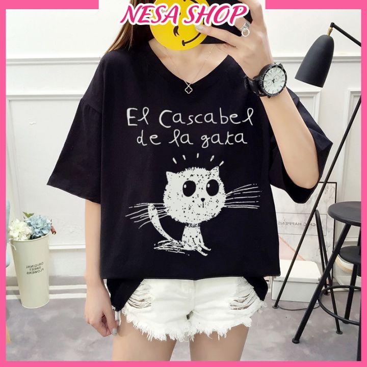 Áo thun nam nữ form rộng, Áo phông tay lỡ, chất liệu thun cotton co giãn, áo unisex in hình Mèo NeSa Shop