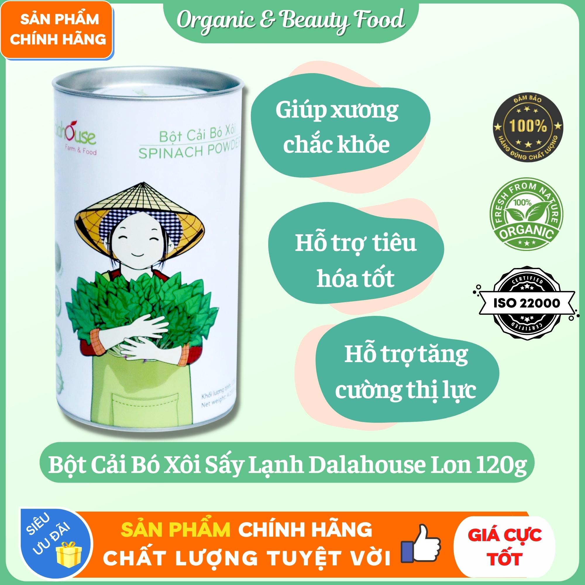 Bột  Cải Bó Xôi Hữu Cơ Sấy Lạnh Nguyên Chất Dalahouse - Lon 120g - Giúp xương chắc khỏe, hỗ trợ tiêu hóa - Hỗ trợ tăng cường thị lực.