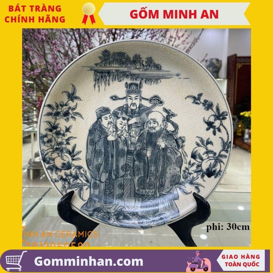 Đĩa cảnh men rạn giả cổ bát tràng bọc đồng đường kính 30cm gốm Minh An Bát Tràng