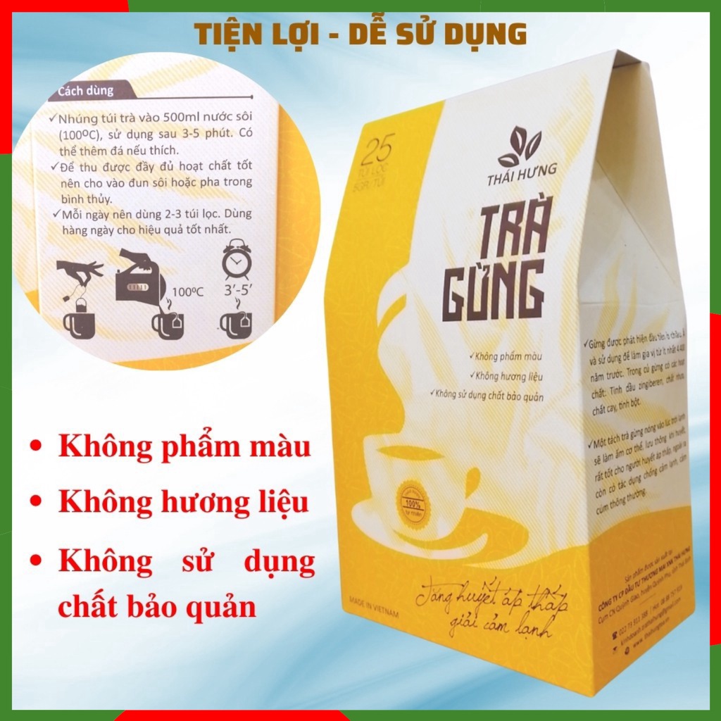 Trà Gừng Thái Hưng 25 túi lọc x 5g - Giải cảm lạnh, tăng huyết áp thấp, tăng cường tuần hoàn máu, giữ ấm