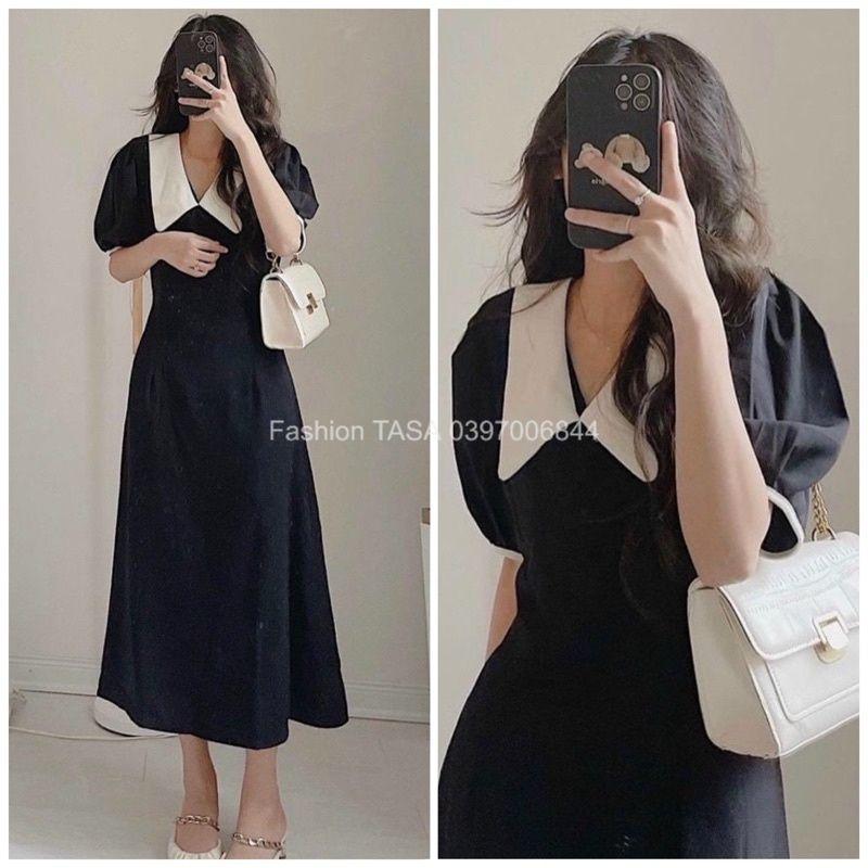 X2 Đầm dáng suông công sở cổ bẻ màu đen cổ trắng form dài thanh lịch (kèm hình thật)