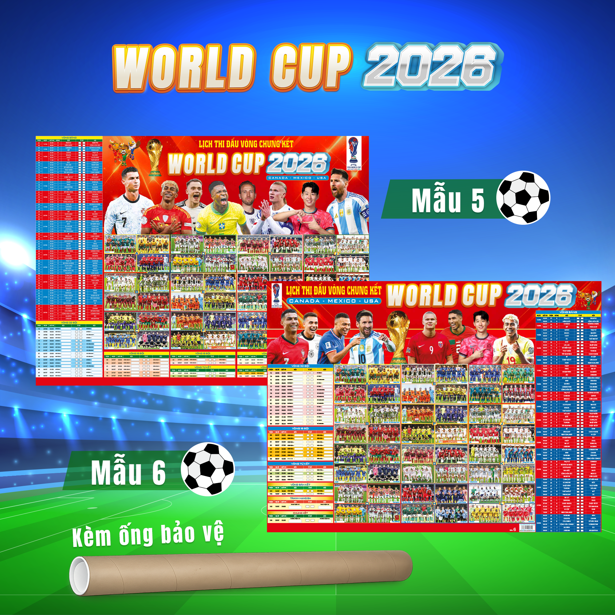 Lịch Thi Đấu World Cup 2026 - 2 Mẫu Đa Dạng Kèm Ống Bảo Vệ (Kích Thước 86x65cm)