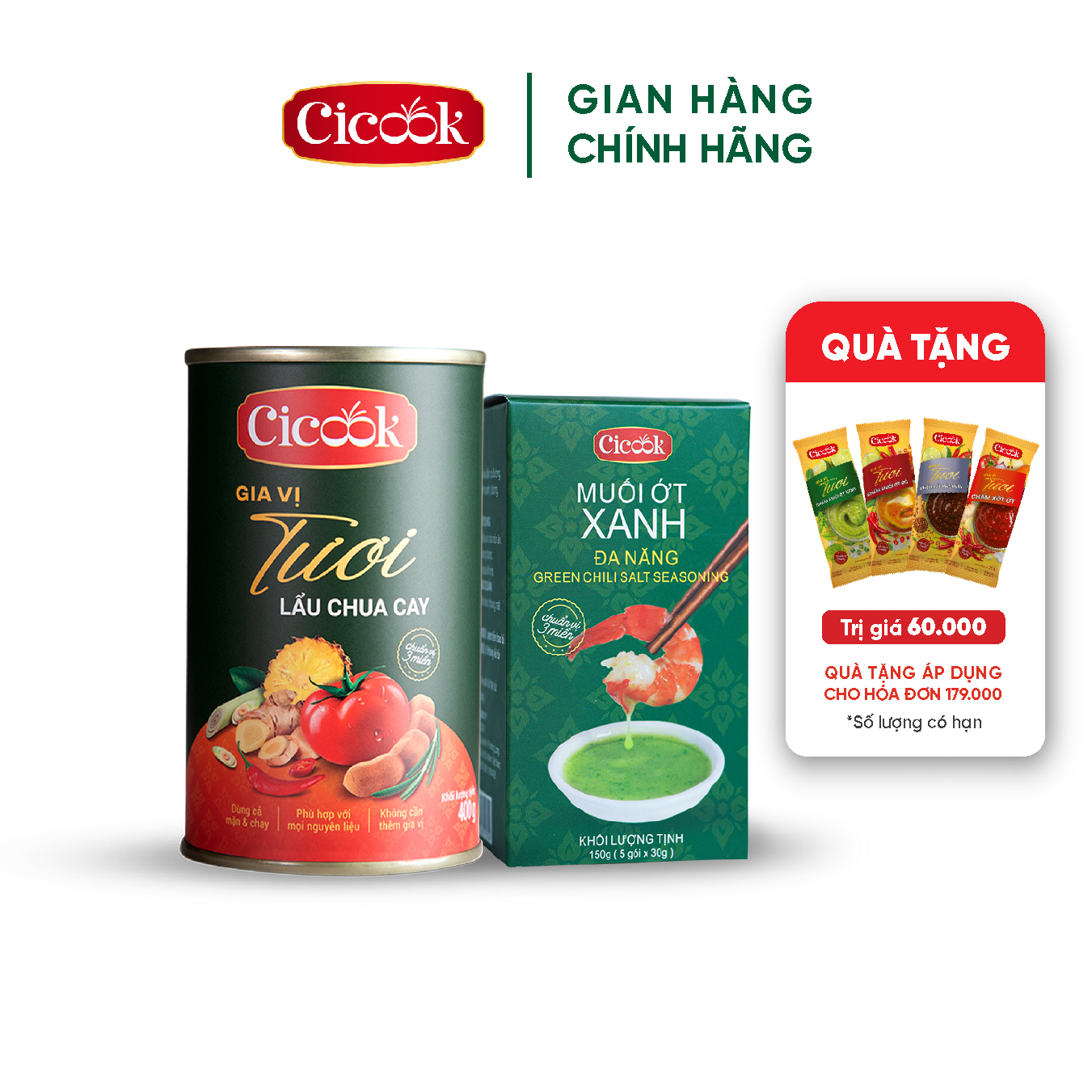 [SET LẨU - CHẤM] 1 Lon Xốt lẩu Chua Cay Cicook 400G + 1 Hộp Xốt chấm Muối Ớt Xanh đa năng Cicook (5 tặng 1) 210G