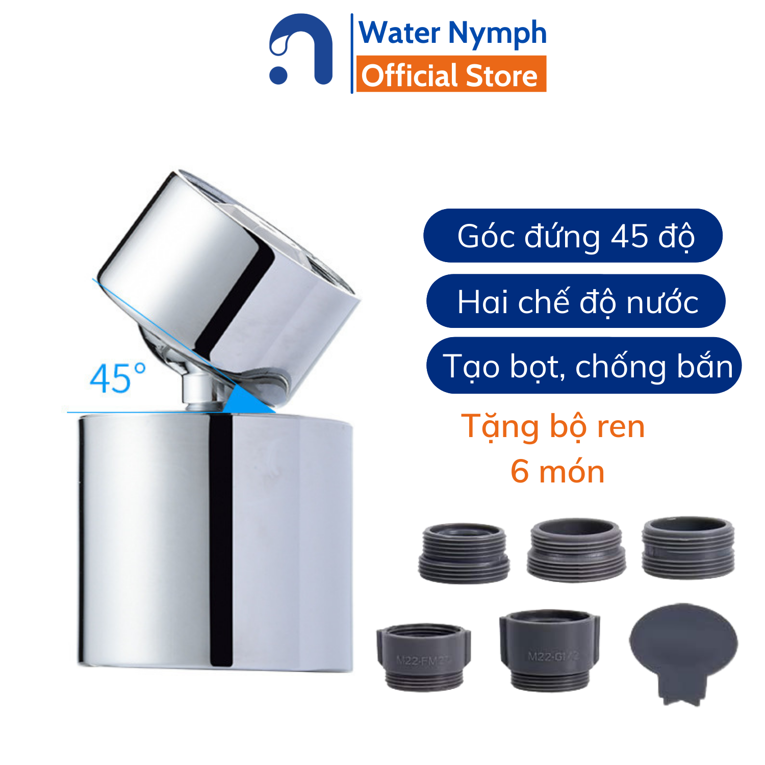 Đầu vòi nước rửa chén bát, rửa mặt xoay 360 độ, tạo bọt, chống bắn, tăng áp, hai chế độ phun nước Waternymph N28 (tặng kèm bộ ren 6 món)