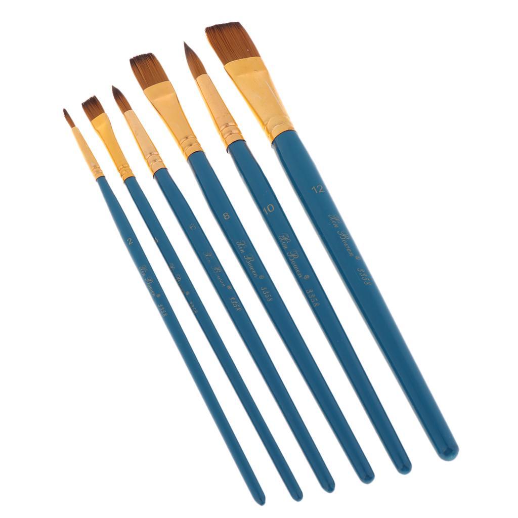 6 Pieces Wooden Flat Round Pointed Tip Nylon Hair Artist Paint Brushes for Art Painting, Acrylic Watercolor Oil, Nail Art, Miniature Painting