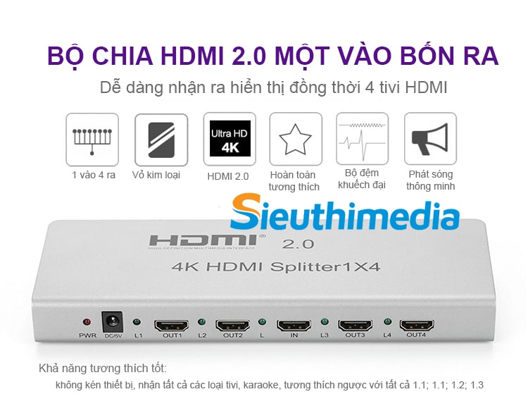 Bộ chia HDMI 1 ra 4 WN-104ED20 chuẩn 2.0, EDID, 4Kx2K@60Hz chính hãng WINET