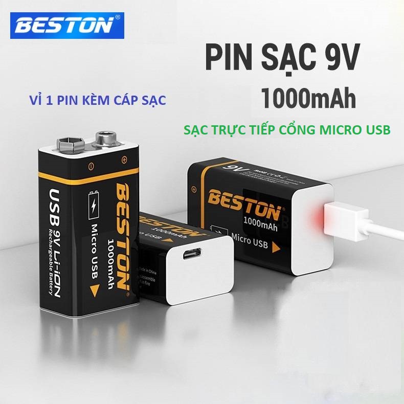 Pin sạc 9v Beston cao cấp dung lượng cao 1000mAh sạc trực tiếp bằng cáp micro USB - Hàng nhập khẩu