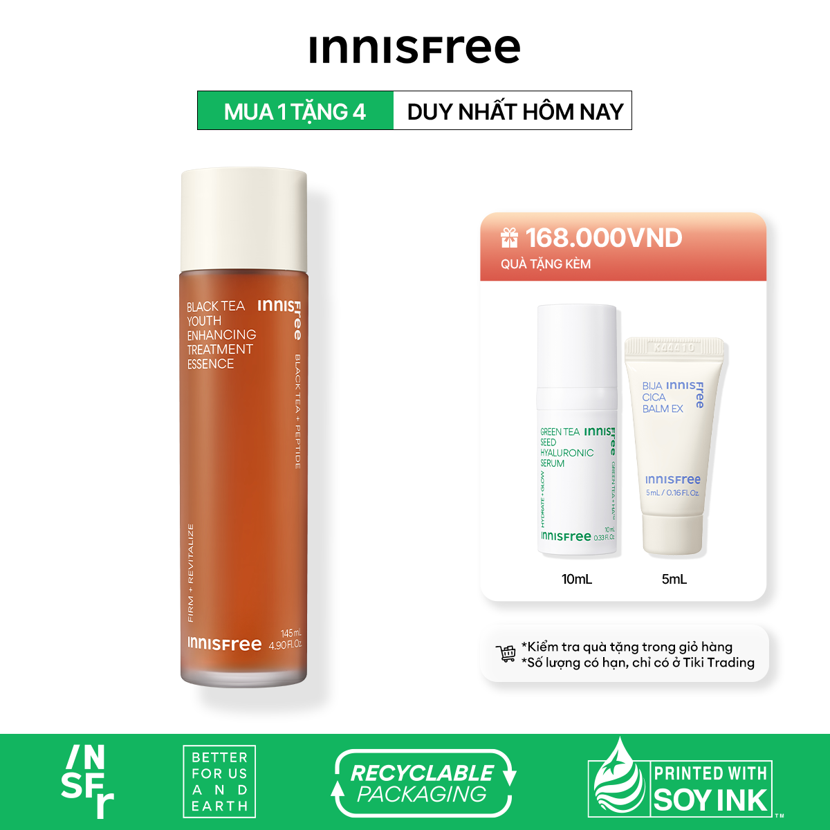 Nước dưỡng ngăn ngừa lão hóa từ trà đen innisfree Black tea Treatment Essence 145 mL (New 2023)