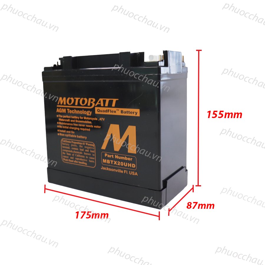 Ắc quy xe moto phân khối lớn MOTOBATT MBTX20UHD 12V - 22AH, thương hiệu Mỹ, dùng cho xe HARLEY-DAVIDSON