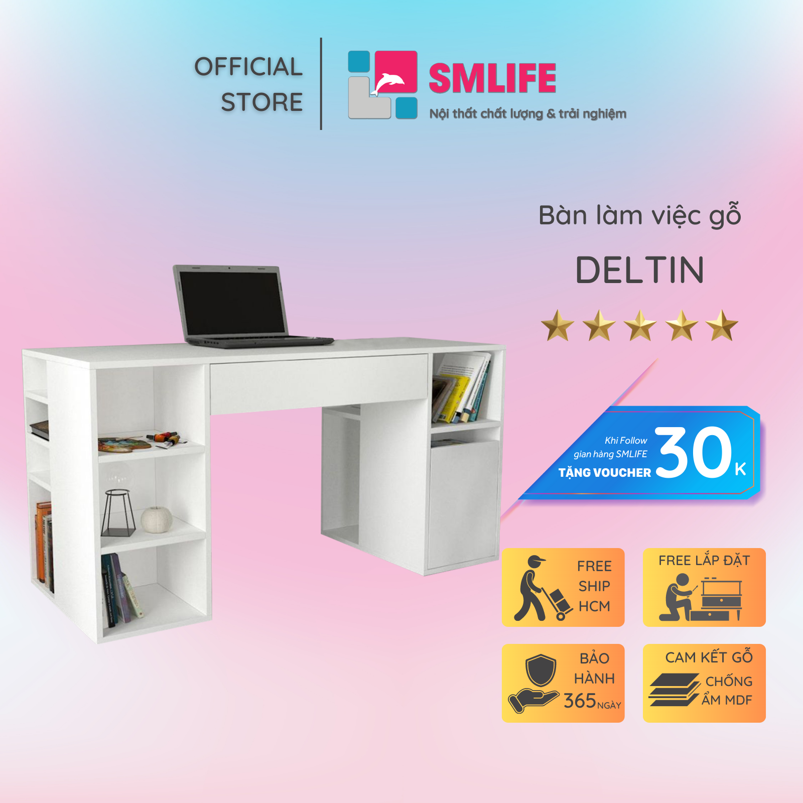 Bàn làm việc, bàn học gỗ hiện đại SMLIFE Deltin | Gỗ MDF dày 17mm chống ẩm | D145xR60xC75cm