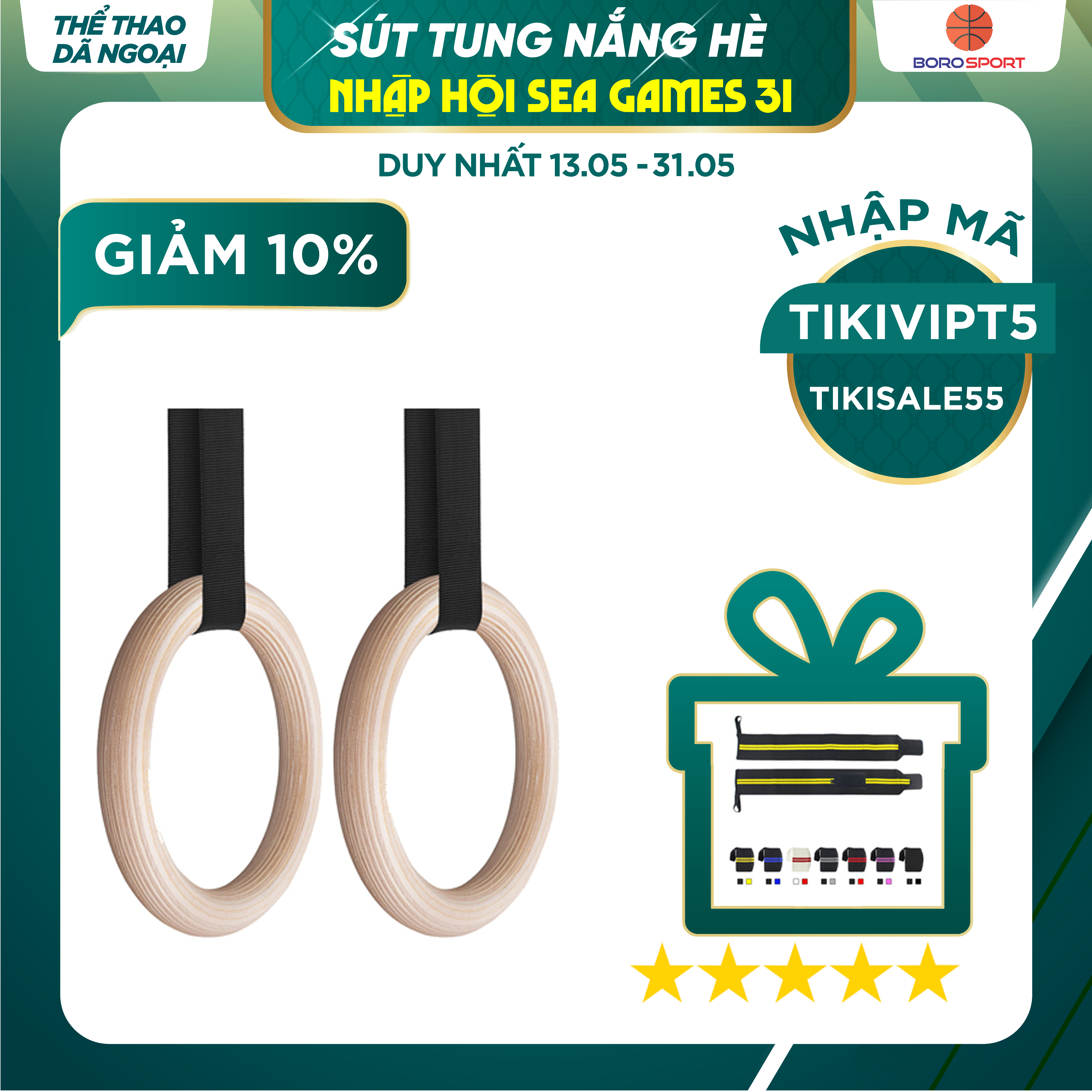 Vòng treo gỗ Gymnastic Rings Cleacco có vạch kẻ số , khóa cài thông minh tiện lợi , chắc chắn treo xà đơn , các bài tập dip rings , street workout , bảo hành 12 tháng - BORO SPORT