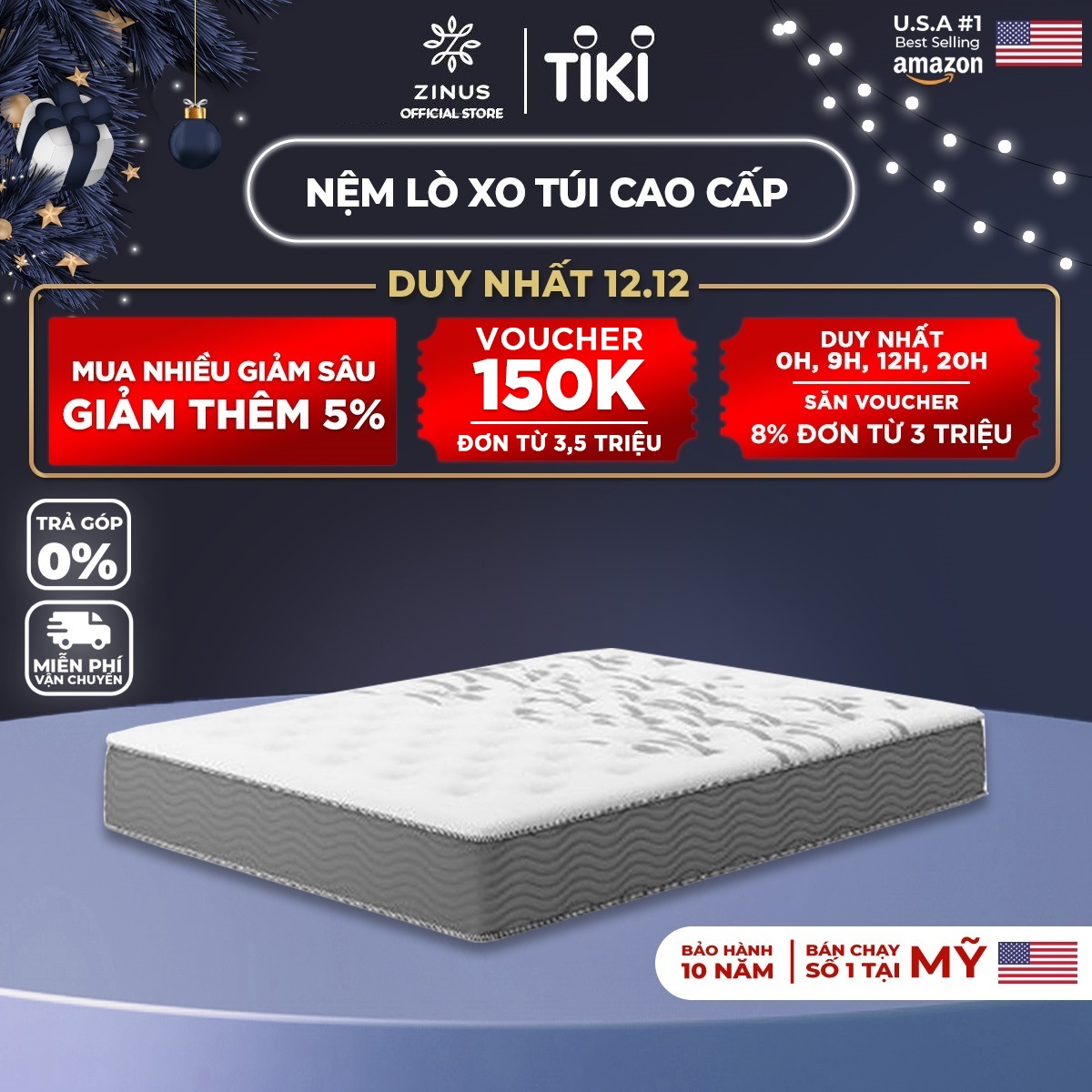 Nệm lò xo túi hút chân không cao cấp Zinus - Extra Firm Spring Mattress - 140x200x25cm