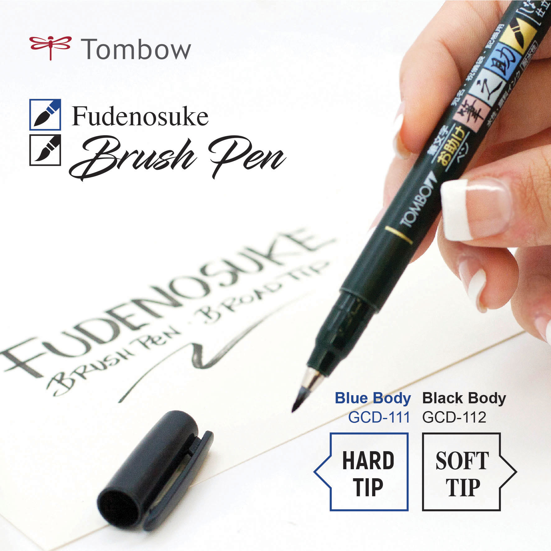 Bộ 2 Bút viết thư pháp TOMBOW FUDENOSUKE chuyên viết Hán tự Brush Lettering ( Đầu brush mềm và đầu brush cứng)