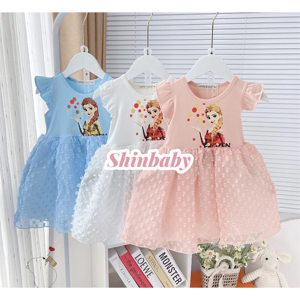 Đầm váy cánh tiên in hình công chúa Elsa, áo thun cotton váy lưới đính bông siêu xinh