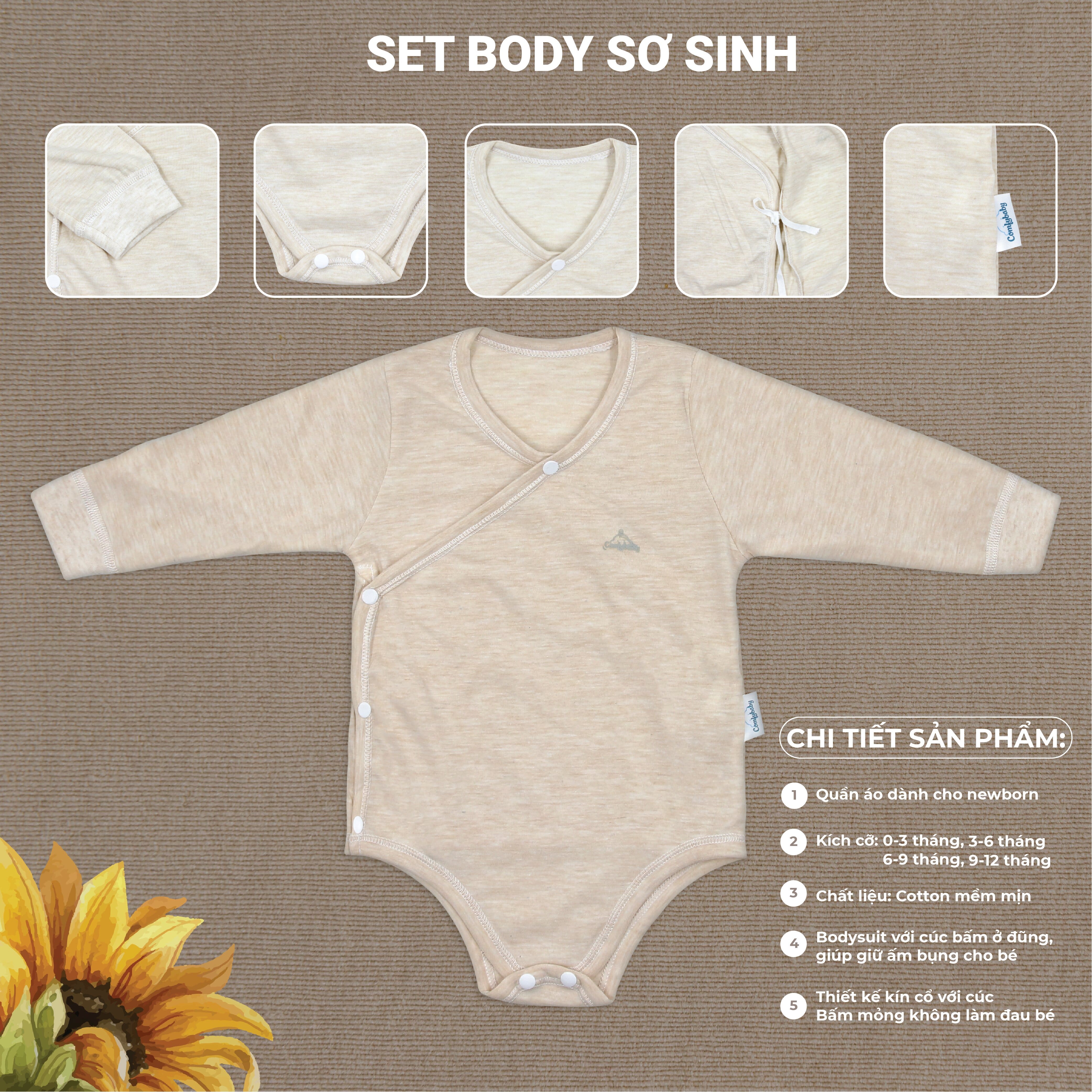 Set 2 áo bodysuit cài chéo giữ ấm ngực dài tay 100% Cotton cho bé Comfybaby