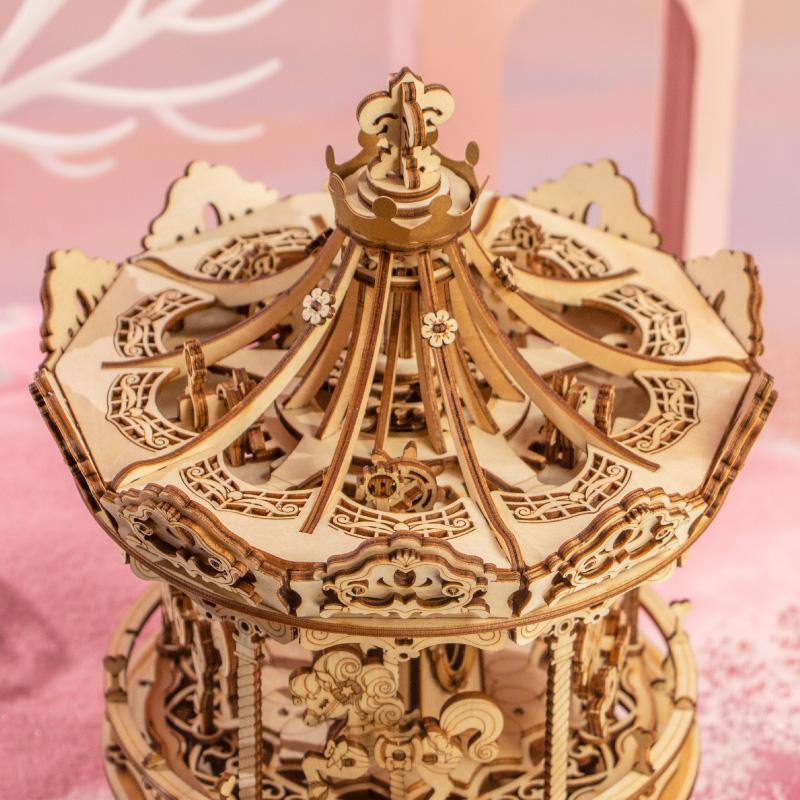 Đồ chơi lắp ráp gỗ 3D Mô hình Hộp nhạc Romantic Carousel AMK62 Mechanical Music Box