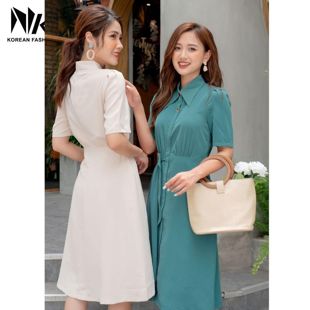 Váy Thiết Kế Công Sở NK Fashion Cổ Đức Tay Lỡ Kèm Đai Eo, Vải Nhập Hàn Cao Cấp NKDV2104004