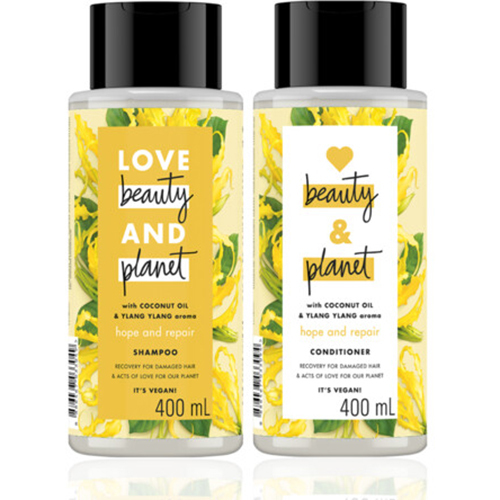 Combo Dầu Gội Dầu Xả Love Beauty &amp; Planet Phục Hồi Chẻ Ngọn Hope &amp; Repair 100% Dầu Dừa Organic Hương Ngọc Lan Tây 400ML