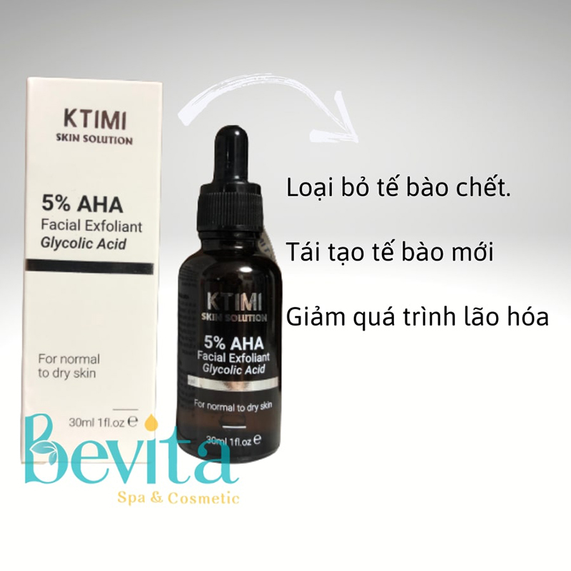 Tẩy da chết hóa học Ktimi 5% AHA Facial Exfoliant Glycolic Acid 30ml - Bevita