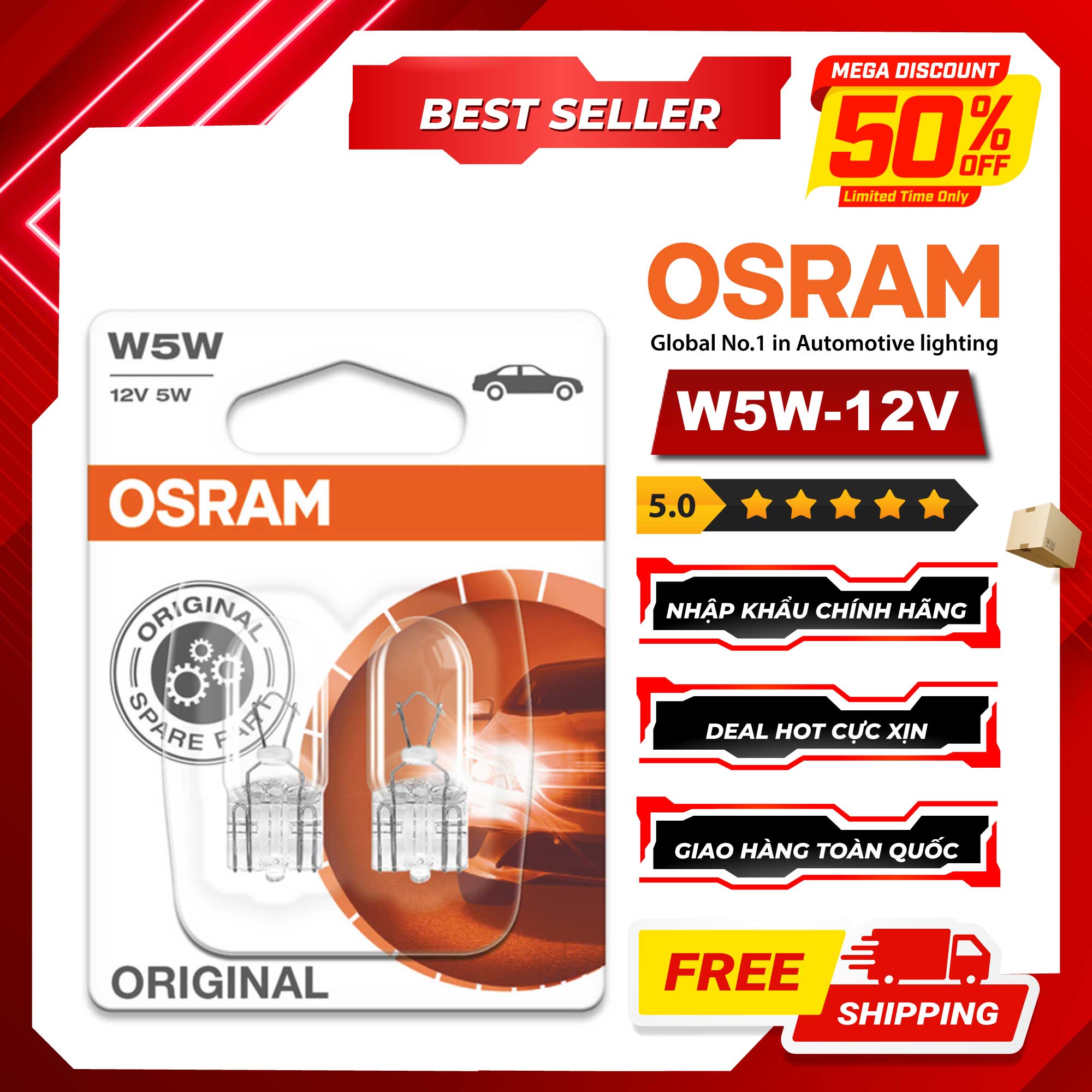 Combo 2 Bóng Đèn Chân Ghim Nhỏ 1 Tim OSRAM Original T10 W5W 12V 5W