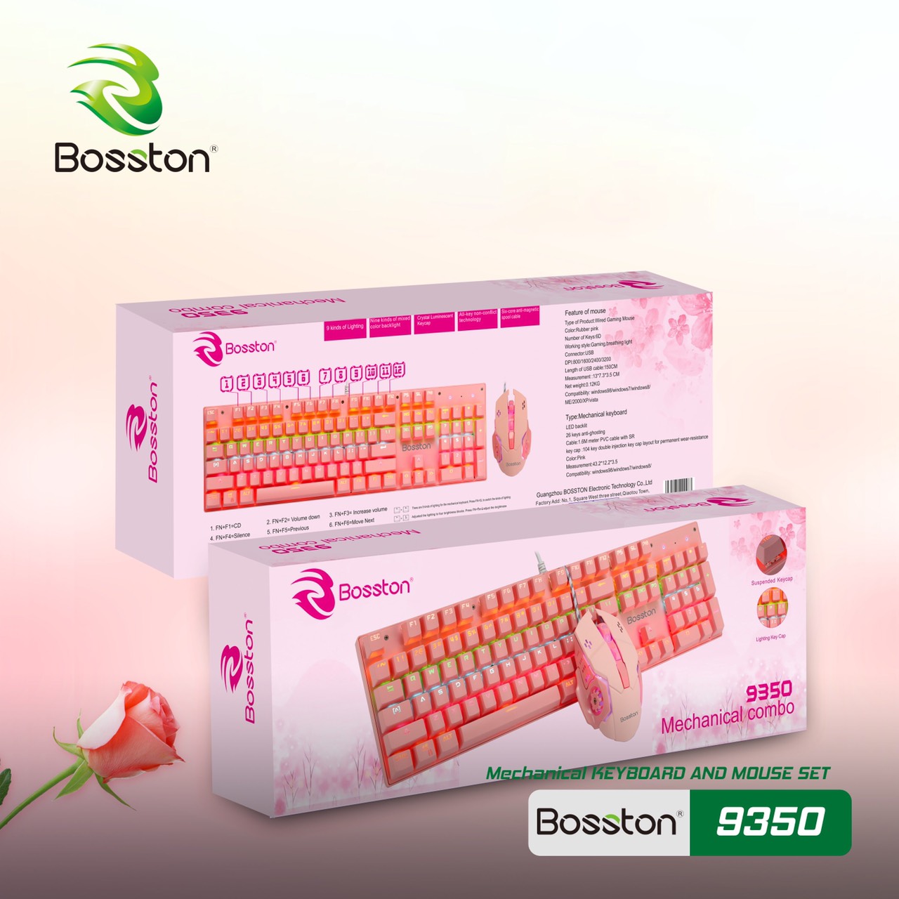 Bộ Phím Chuột Cơ Bosston EK9350 Màu Hồng - Pink  - HÀNG NHẬP KHẪU