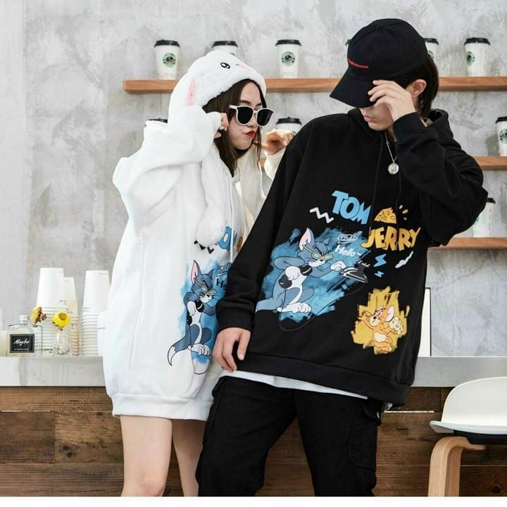 Áo Khoác Hoodie Nỉ Bông in Tom &amp; Jerry Form rộng Unisex Nam Nữ Couple Cực Đẹp