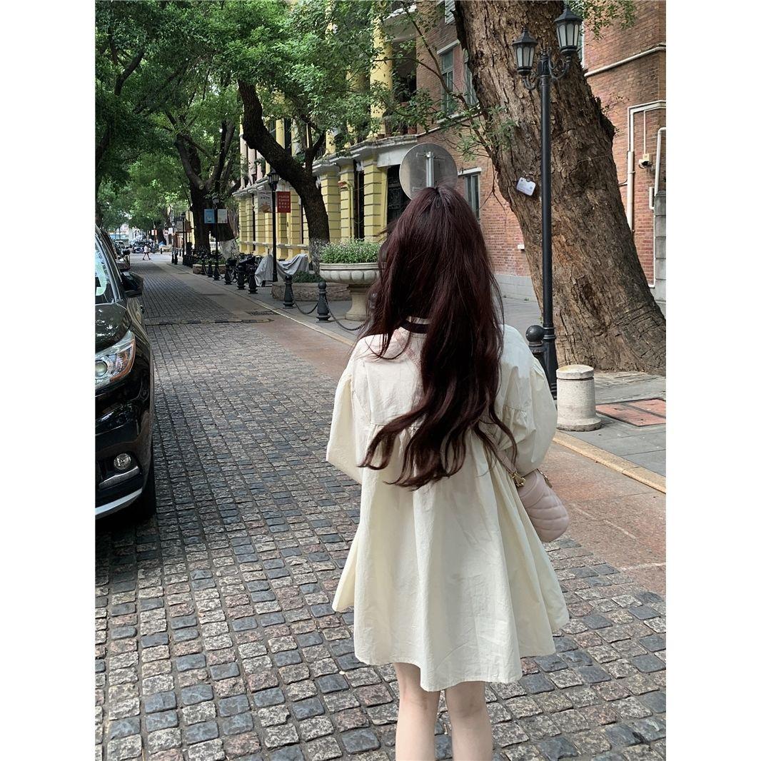 SHUANGYAN 2023 Pháp Vintage ren-up bong bóng tay áo đầm mùa xuân và mùa thu nữ dài tay áo lỏng lẻo váy ngắn ẩm ướt