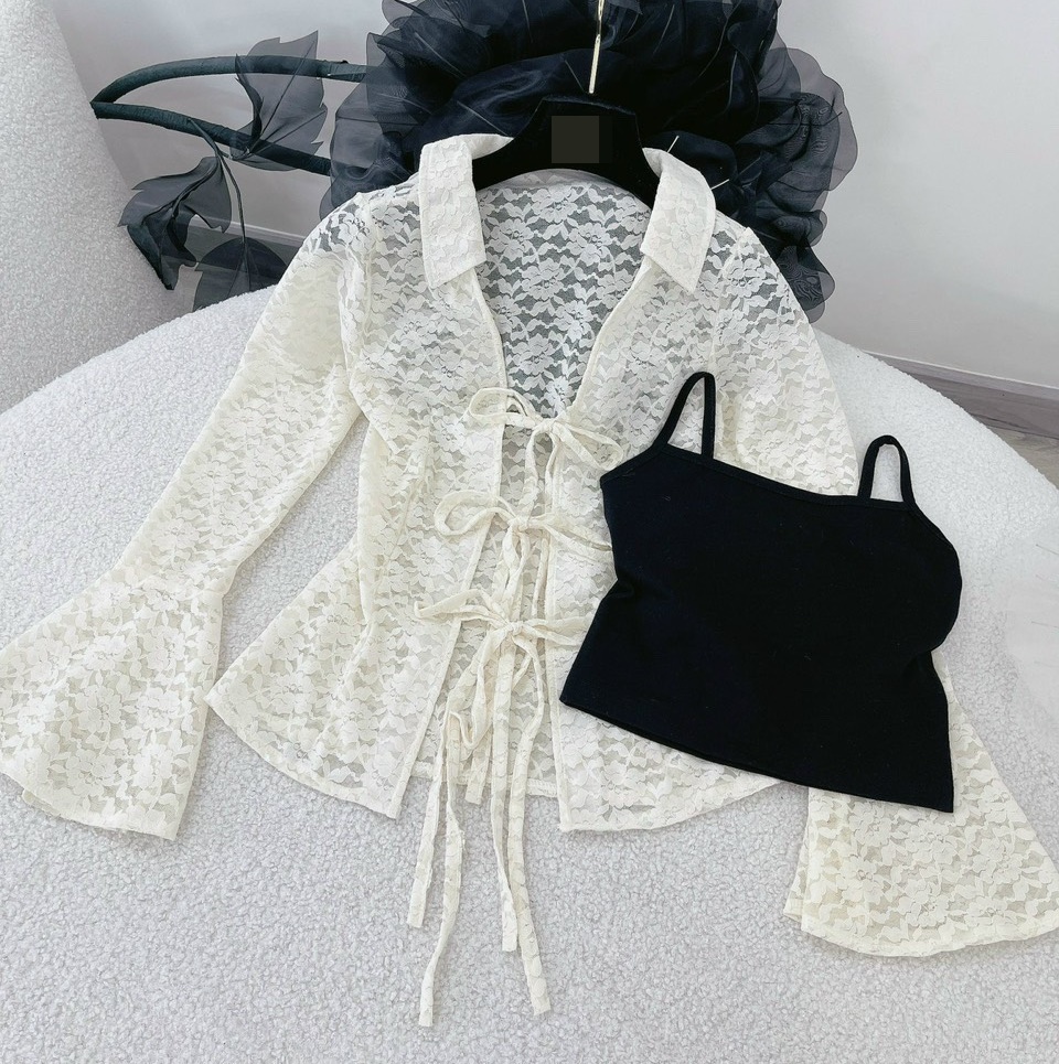 ÁO LƯỚI KIỂU CỔ SƠ MI BUỘC DÂY ÔM BODY TAY DÀI LOE + ÁO CROPTOP BRA THUN DÂY ĐEN CƠ BẢN ĐI TIỆC ĐI CHƠI DẠO PHỐ ĐI BIỂN