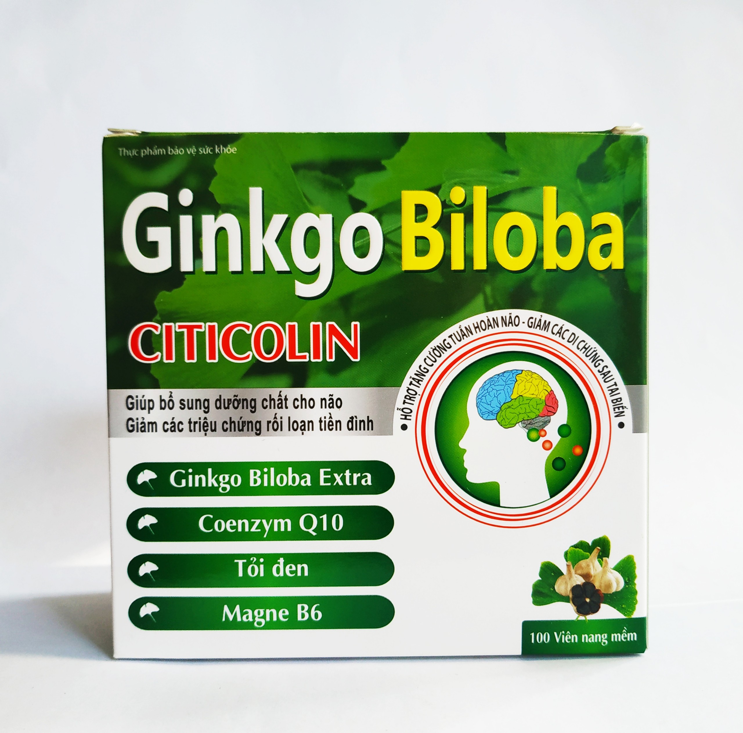 Hoạt Huyết Dưỡng Não Ginkgo Biloba Citicolin - Giúp Bổ Sung Dưỡng Chất Cho Não - Tăng Cường Tuần Hoàn Máu Não - Giảm Tai Biến Mạch Máu Não - Hộp 100 Viên