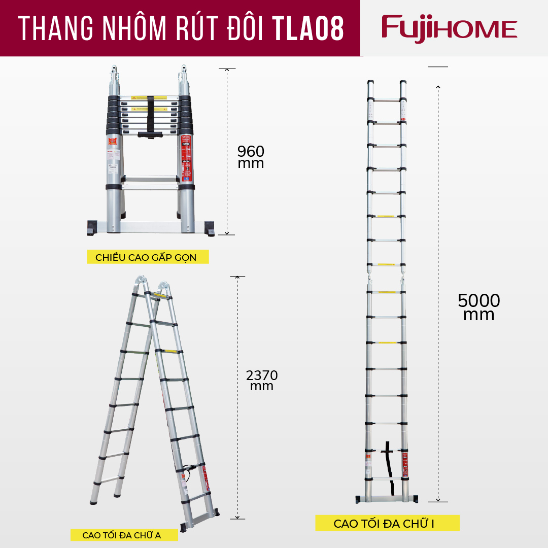 Thang nhôm rút gọn chữ A  FUJIHOME TLA08 ( Chiều cao chữ A  2,5m - Cao chữ I 5m, Khóa an toàn, đế chống trượt) Hàng Chính hãng