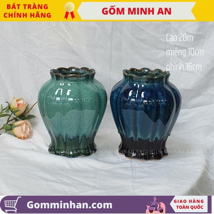 Bình Hoa Lọ Hoa Dáng Thấp Màu Xanh Miệng Lượn- Gốm Sứ Bát Tràng- Gốm Minh An