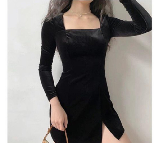 Váy body nhung cổ vuông dài tay thu đông xẻ cao sexy - VN11
