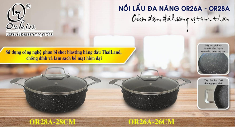 Nồi lẩu chống dính vân đá Orkin Thái Lan size 26cm/28cm, vung kính đáy từ - Hàng chính hãng