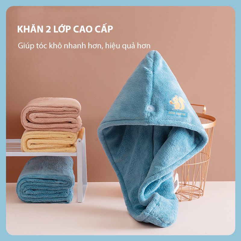 Khăn quấn ủ tóc lau khô siêu tốc - Khăn quấn lau khô tóc có nút cài, khăn cao cấp 2 lớp - Hàng Chính Hãng