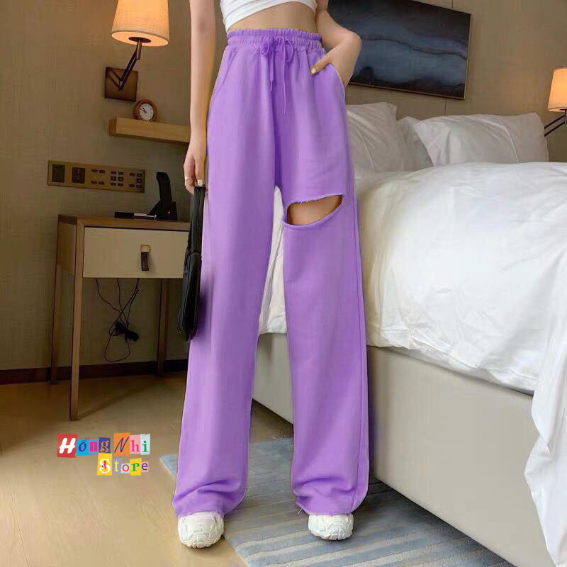 Quần Ống Rộng Rách Gối Màu Tím Lưng Thun Culottes Ulzzang Unisex - MM