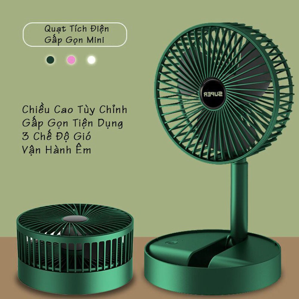 Quạt tích điện để bàn mini Super gấp gọn 3 cấp độ gió siêu bền, cáp sạc USB tiện lợi