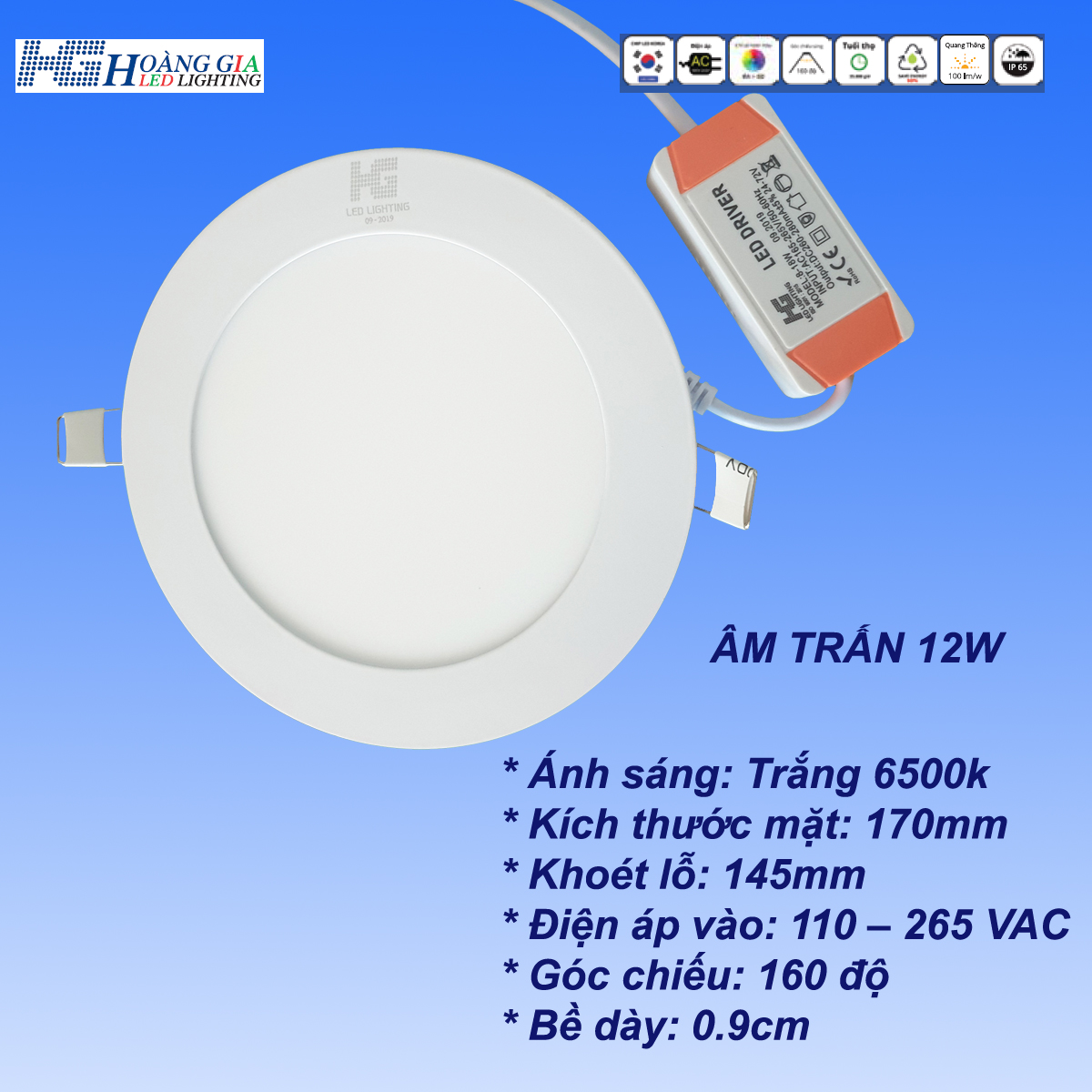 Đèn led âm trần tròn 12w ánh sáng trắng