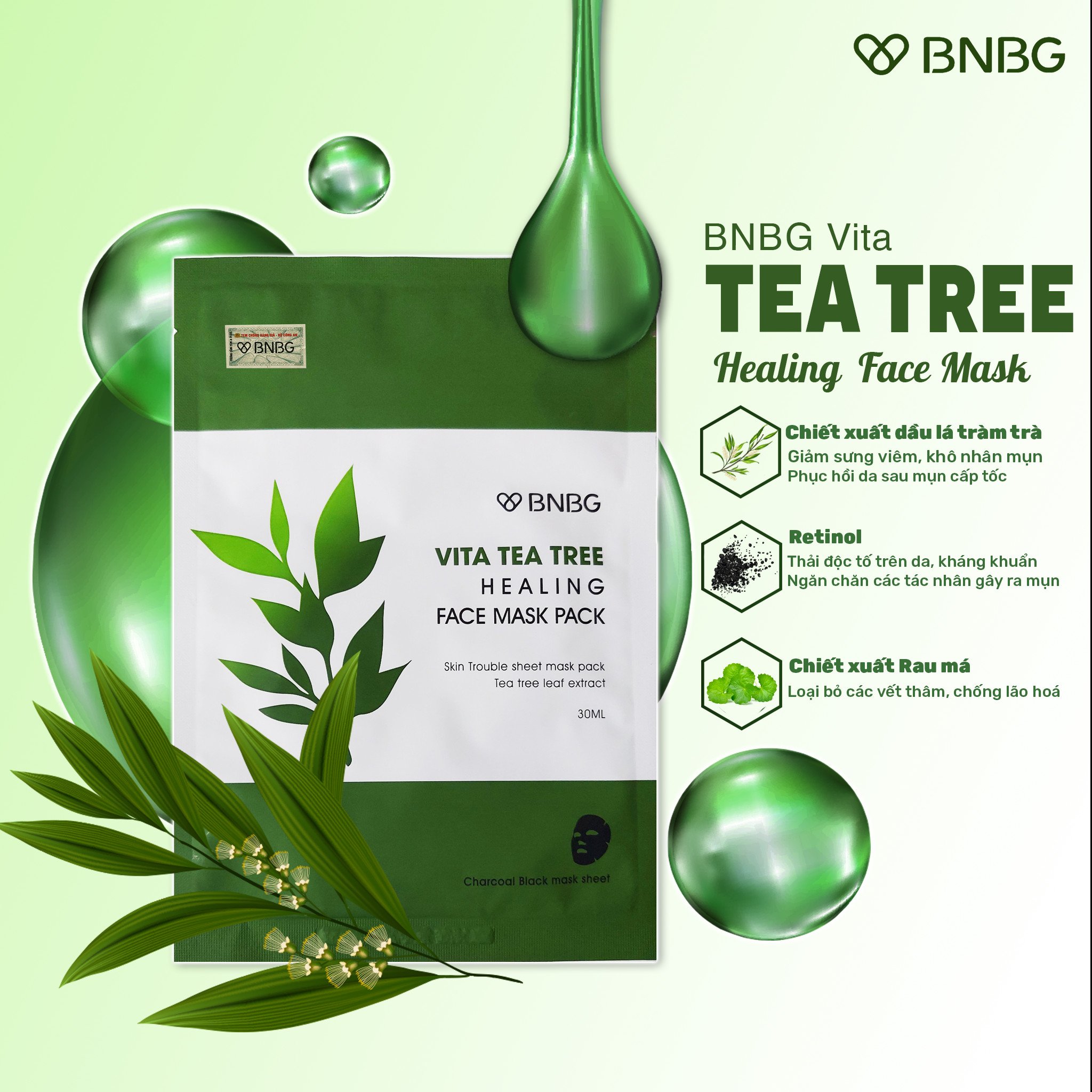 Hộp 10 Mặt Nạ Tràm Trà Giảm Mụn, Thải Độc Da BNBG Vita Tea Tree Healing Face Mask Pack 30ml + Tặng Kèm 1 Băng Đô Tai Mèo ( MÀu Ngẫu Nhiên)