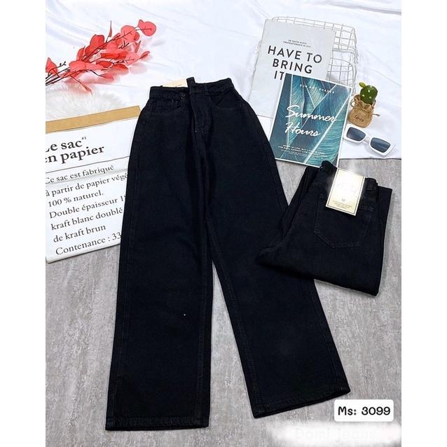 Quần Jean Nữ Aiori Ống Rộng Lưng Cao Trơn Màu Đen Bò Suông Phong Cách Thời Trang Hàn Quốc Jean Cotton Mềm Mịn_Mã 3099