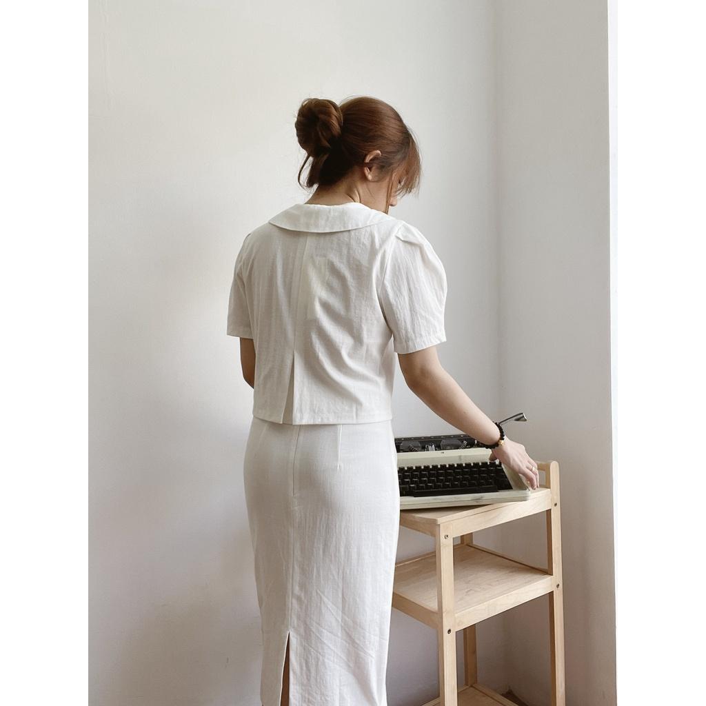 Set áo kiểu lửng + cv midi trắng Hàn Quốc - CC015