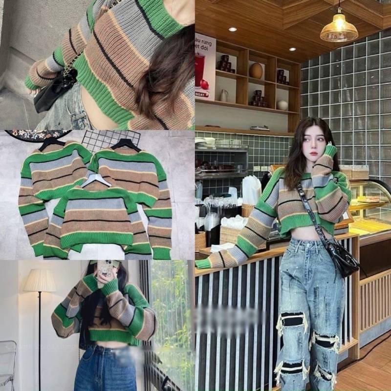[L2M] Áo len nữ Montoghi dệt kim cổ tròn TAY DÀI dáng CROPTOP kẻ sọc xanh loại 1 phong cách Hàn Quốc cá tính